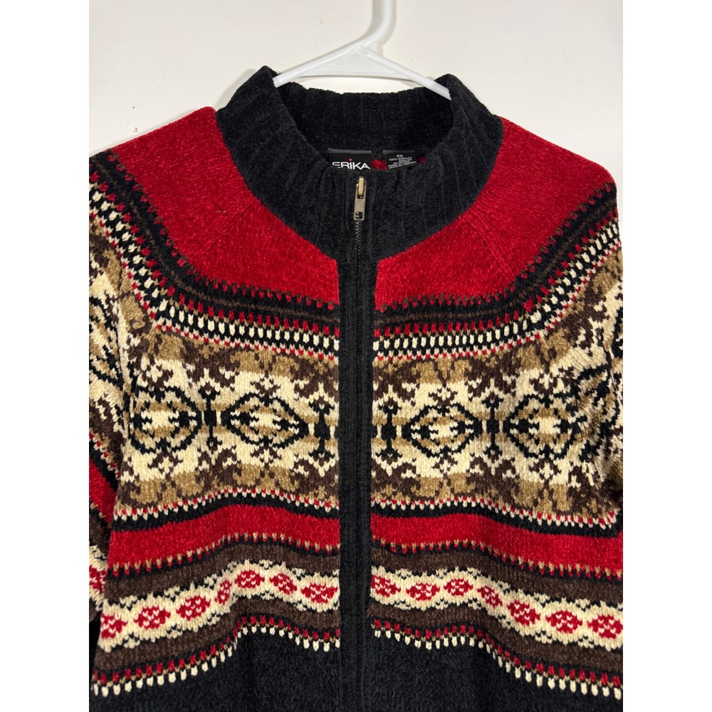 Erika Woman Red Black Fair Isle Full Zip Cardigan Sweater Mock Neck Size 2X